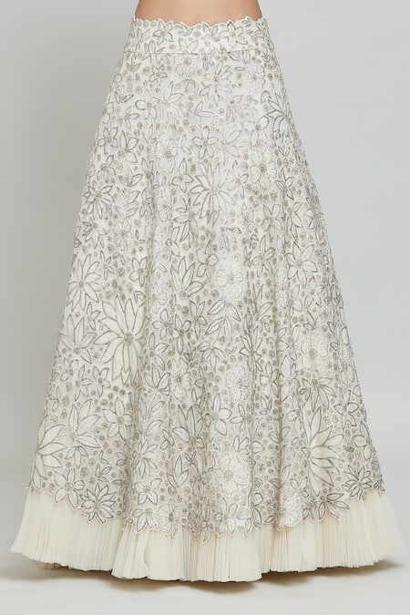 COUTURE BY NIHARIKA_Ivory Organza, Net Beads, Cut Work Round Neck Floral Embroidered Lehenga Set _at_Aza_Fashions