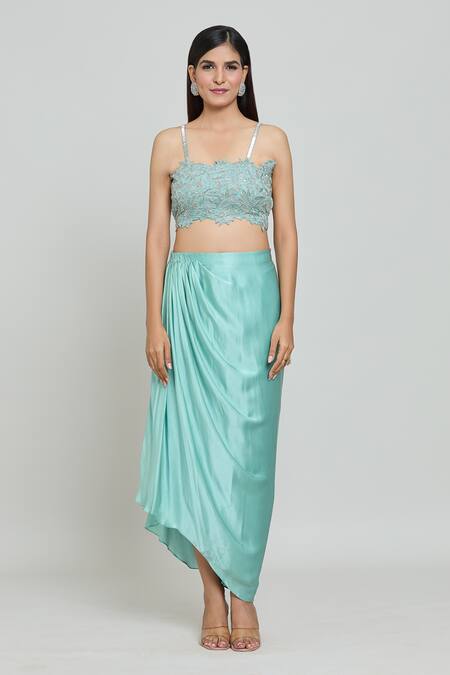 COUTURE BY NIHARIKA_Blue Organza, Viscose Cut Work, Beads Square Embroidered Cape Draped Skirt Set _Online_at_Aza_Fashions