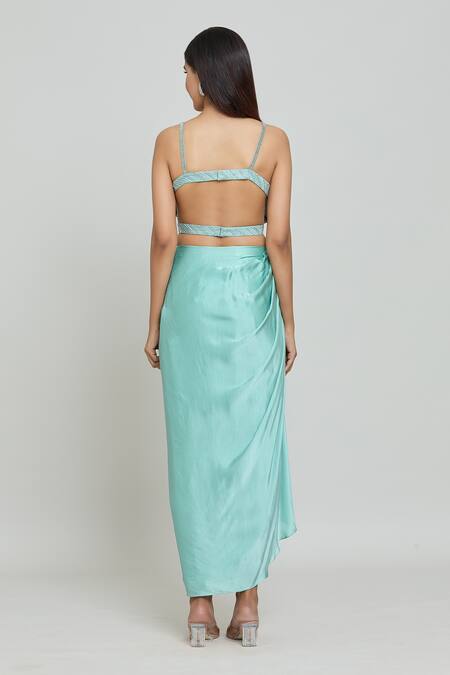 Buy_COUTURE BY NIHARIKA_Blue Organza, Viscose Cut Work, Beads Square Embroidered Cape Draped Skirt Set _Online_at_Aza_Fashions