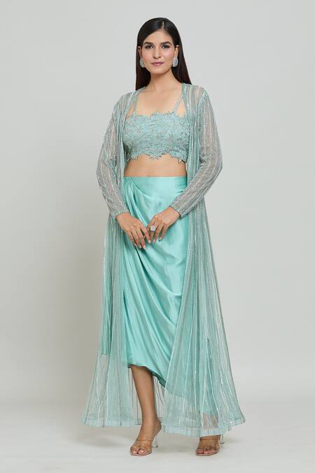 Shop_COUTURE BY NIHARIKA_Blue Organza, Viscose Cut Work, Beads Square Embroidered Cape Draped Skirt Set _Online_at_Aza_Fashions