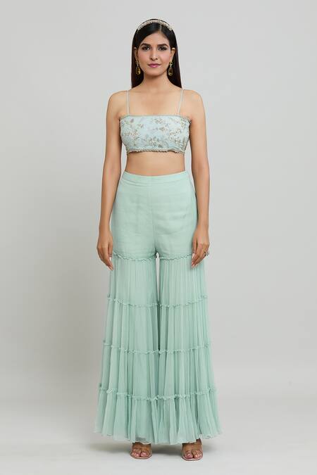 COUTURE BY NIHARIKA_Blue Organza, Viscose Embroidery, Cut Work Square Neck Floral Cape Sharara Set _Online_at_Aza_Fashions