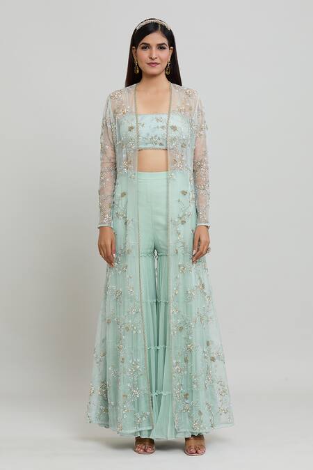 Buy_COUTURE BY NIHARIKA_Blue Organza, Viscose Embroidery, Cut Work Square Neck Floral Cape Sharara Set _Online_at_Aza_Fashions