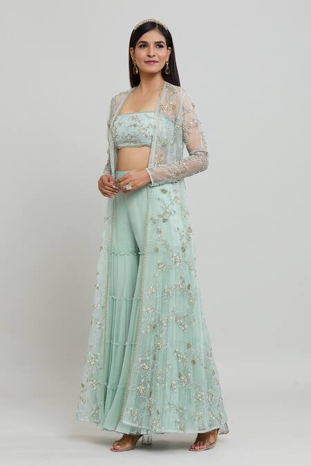 Shop_COUTURE BY NIHARIKA_Blue Organza, Viscose Embroidery, Cut Work Square Neck Floral Cape Sharara Set _Online_at_Aza_Fashions