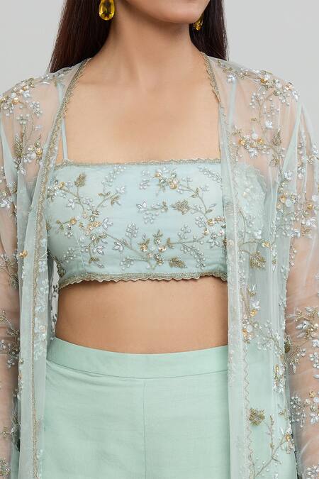 COUTURE BY NIHARIKA_Blue Organza, Viscose Embroidery, Cut Work Square Neck Floral Cape Sharara Set _at_Aza_Fashions