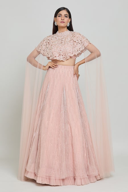 COUTURE BY NIHARIKA Peach Net Embroidered Cutdana Cape High Round Floral Cutwork Lehenga Set 