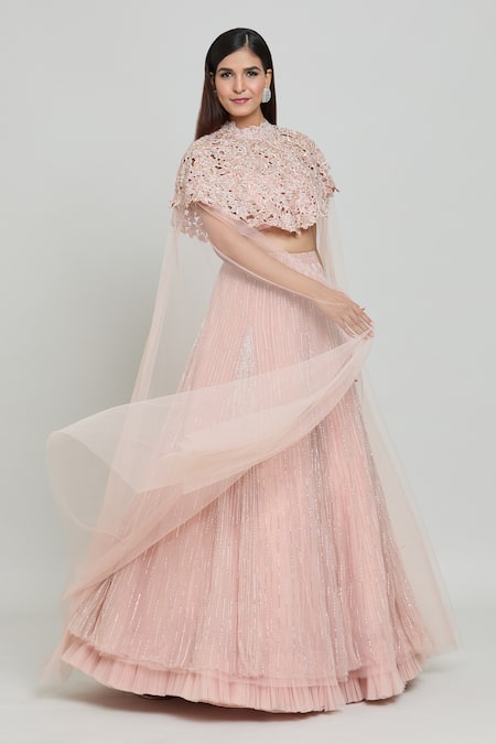 COUTURE BY NIHARIKA_Peach Organza, Net Embroidery, Beads High Neck Floral Cutwork Cape Lehenga Set _Online_at_Aza_Fashions