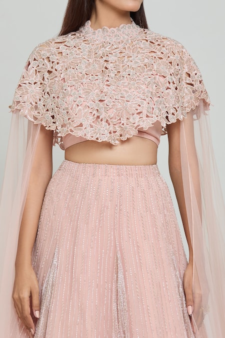 Buy_COUTURE BY NIHARIKA_Peach Organza, Net Embroidery, Beads High Neck Floral Cutwork Cape Lehenga Set _Online_at_Aza_Fashions