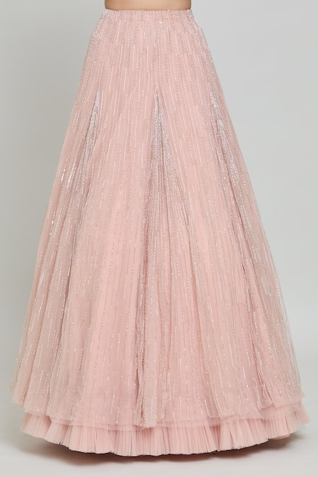 Shop_COUTURE BY NIHARIKA_Peach Organza, Net Embroidery, Beads High Neck Floral Cutwork Cape Lehenga Set _Online_at_Aza_Fashions