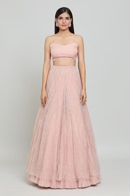 COUTURE BY NIHARIKA_Peach Organza, Net Embroidery, Beads High Neck Floral Cutwork Cape Lehenga Set _at_Aza_Fashions