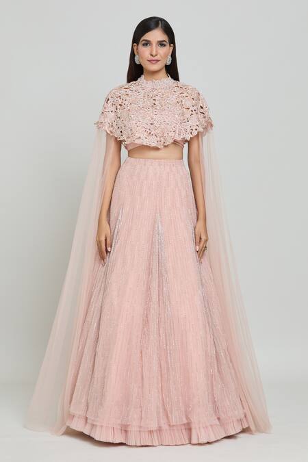 Buy_COUTURE BY NIHARIKA_Peach Organza, Net Embroidery, Beads High Neck Floral Cutwork Cape Lehenga Set 