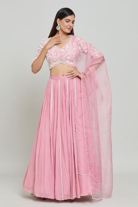 COUTURE BY NIHARIKA Pink Chiffon Embroidered Sequin V Neck Panelled Lehenga Set 