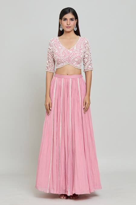 COUTURE BY NIHARIKA Pink Organza, Chiffon Beads, Cut Work, Sequins Panelled Embroidered Lehenga Set Online at Aza Fashions COUTURE BY NIHARIKA_Pink Organza, Chiffon Beads, Cut Work, Sequins Panelled Embroidered Lehenga Set _Online_at_Aza_Fashions