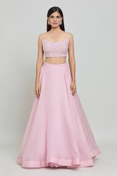 COUTURE BY NIHARIKA Pink Organza Sequins, Beads Scoop Floral And Cutdana Embroidered Cape Skirt Set Online at Aza Fashions COUTURE BY NIHARIKA_Pink Organza Sequins, Beads Scoop Floral And Cutdana Embroidered Cape Skirt Set _Online_at_Aza_Fashions