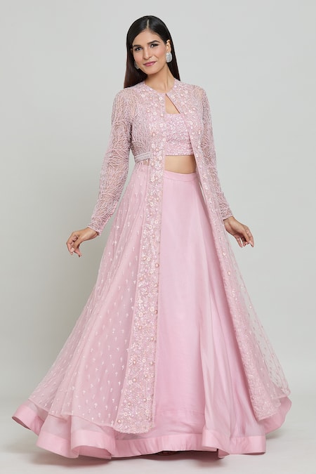 Shop COUTURE BY NIHARIKA Pink Organza Sequins, Beads Scoop Floral And Cutdana Embroidered Cape Skirt Set Online at Aza Fashions Shop_COUTURE BY NIHARIKA_Pink Organza Sequins, Beads Scoop Floral And Cutdana Embroidered Cape Skirt Set _Online_at_Aza_Fashions