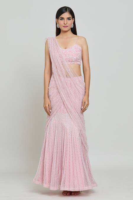 COUTURE BY NIHARIKA_Pink Organza, Net Cut Work, Beads, Sequins Embroidered Pre-saree With Blouse _Online_at_Aza_Fashions
