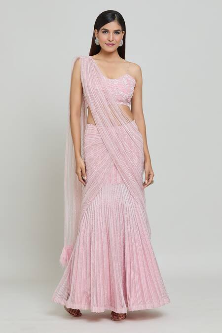 Buy_COUTURE BY NIHARIKA_Pink Organza, Net Cut Work, Beads, Sequins Embroidered Pre-saree With Blouse _Online_at_Aza_Fashions