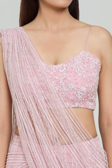 Shop_COUTURE BY NIHARIKA_Pink Organza, Net Cut Work, Beads, Sequins Embroidered Pre-saree With Blouse _Online_at_Aza_Fashions