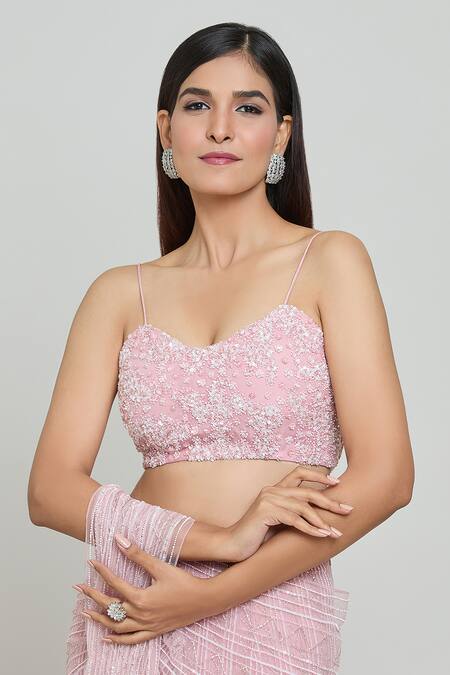 COUTURE BY NIHARIKA_Pink Organza, Net Cut Work, Beads, Sequins Embroidered Pre-saree With Blouse _at_Aza_Fashions