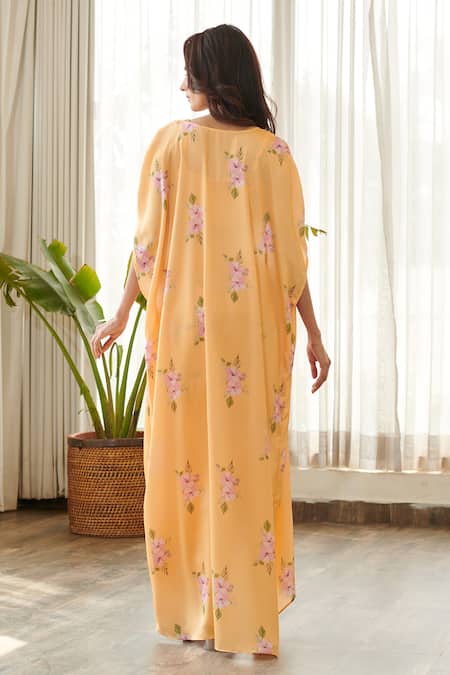 Shop Pasha India Yellow Satin, Silk Square Neck Jasmine Print Cape Skirt Set at Aza Fashions Shop_Pasha India_Yellow Satin, Silk Square Neck Jasmine Print Cape Skirt Set _at_Aza_Fashions