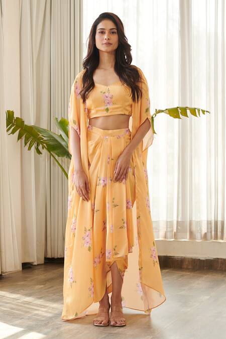 Shop Pasha India Yellow Satin, Silk Square Neck Jasmine Print Cape Skirt Set Online at Aza Fashions Shop_Pasha India_Yellow Satin, Silk Square Neck Jasmine Print Cape Skirt Set _Online_at_Aza_Fashions