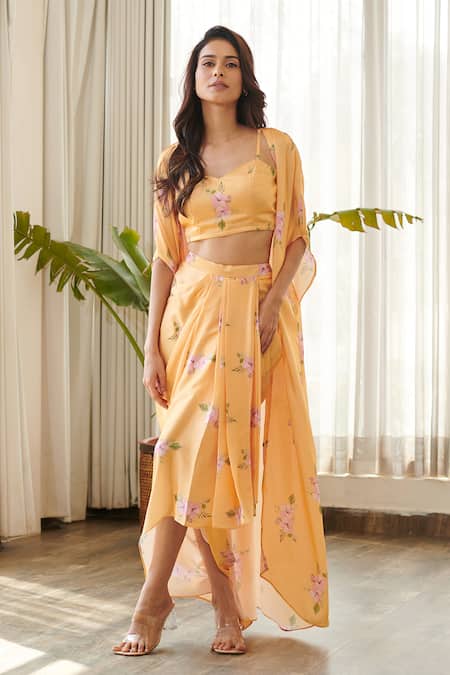 Pasha India Yellow Satin, Silk Square Neck Jasmine Print Cape Skirt Set at Aza Fashions Pasha India_Yellow Satin, Silk Square Neck Jasmine Print Cape Skirt Set _at_Aza_Fashions