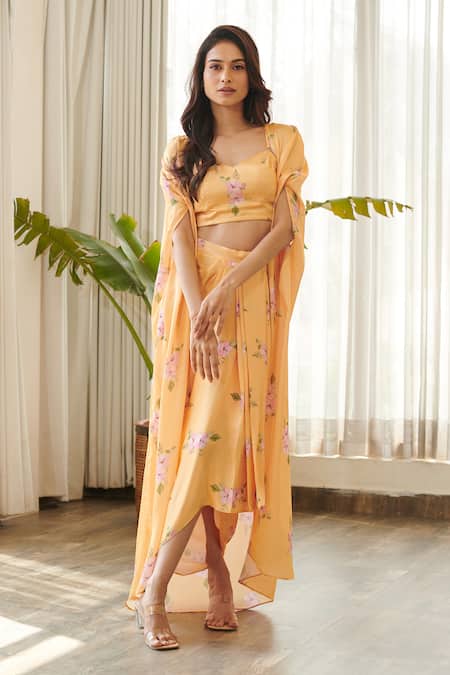 Buy Pasha India Yellow Satin, Silk Square Neck Jasmine Print Cape Skirt Set Buy_Pasha India_Yellow Satin, Silk Square Neck Jasmine Print Cape Skirt Set
