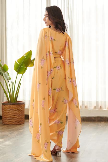Pasha India Jasmine Print Cape Sleeve Top With Draped Skirt 