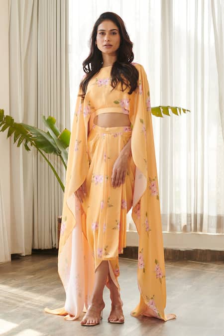 Pasha India Yellow Silk Jasmine Print Cape Sleeve Top With Draped Skirt Online at Aza Fashions Pasha India_Yellow Silk Jasmine Print Cape Sleeve Top With Draped Skirt _Online_at_Aza_Fashions