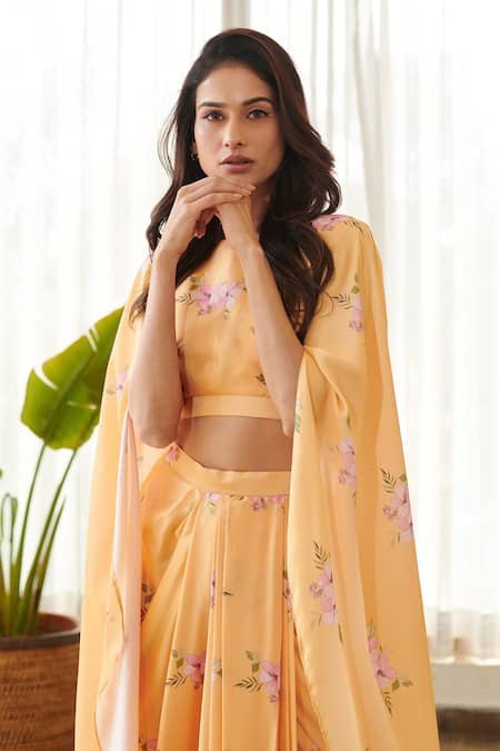 Buy Pasha India Yellow Silk Jasmine Print Cape Sleeve Top With Draped Skirt Online at Aza Fashions Buy_Pasha India_Yellow Silk Jasmine Print Cape Sleeve Top With Draped Skirt _Online_at_Aza_Fashions