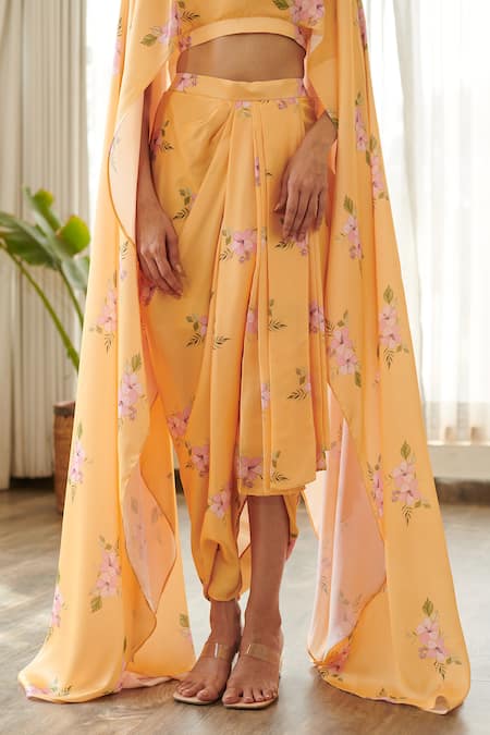 Shop Pasha India Yellow Silk Jasmine Print Cape Sleeve Top With Draped Skirt Online at Aza Fashions Shop_Pasha India_Yellow Silk Jasmine Print Cape Sleeve Top With Draped Skirt _Online_at_Aza_Fashions