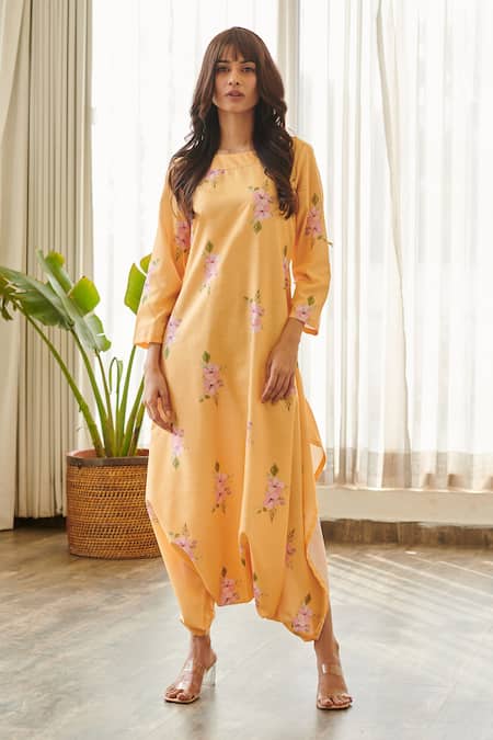 Pasha India Yellow Cotton Rayon Print Jasmine Round Neck Dhoti Jumpsuit 