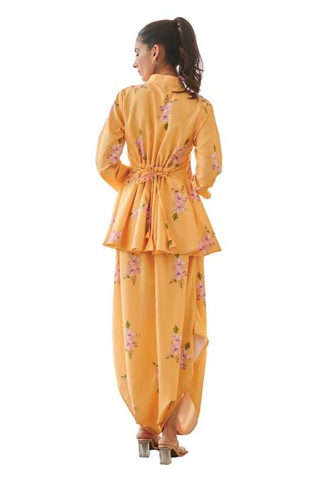 Buy_Pasha India_Yellow Cotton, Rayon Collared Jasmine Print Peplum Bodice Jumpsuit _Online_at_Aza_Fashions