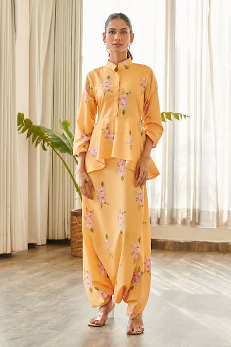 Pasha India_Yellow Cotton, Rayon Collared Jasmine Print Peplum Bodice Jumpsuit _at_Aza_Fashions