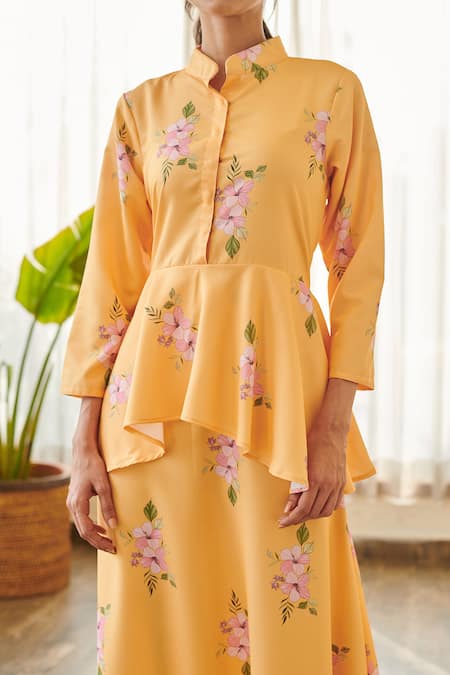 Buy_Pasha India_Yellow Cotton, Rayon Collared Jasmine Print Peplum Bodice Jumpsuit 
