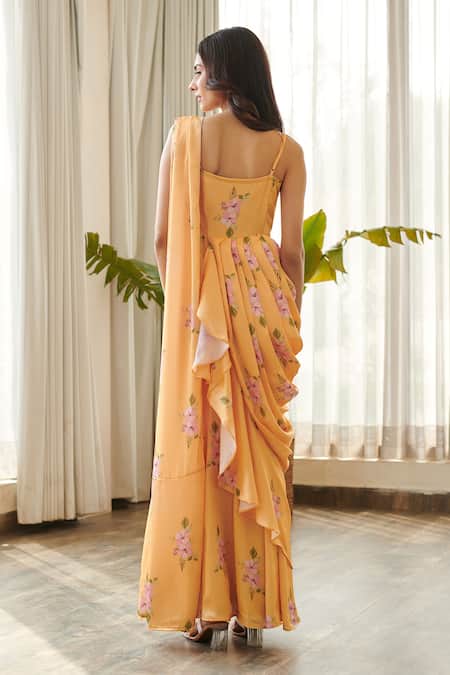 Shop_Pasha India_Yellow Silk Sweetheart Neck Jasmine Print Ruffle Saree Gown _at_Aza_Fashions