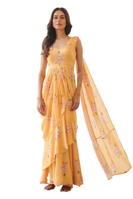 Buy_Pasha India_Yellow Silk Sweetheart Neck Jasmine Print Ruffle Saree Gown _Online_at_Aza_Fashions