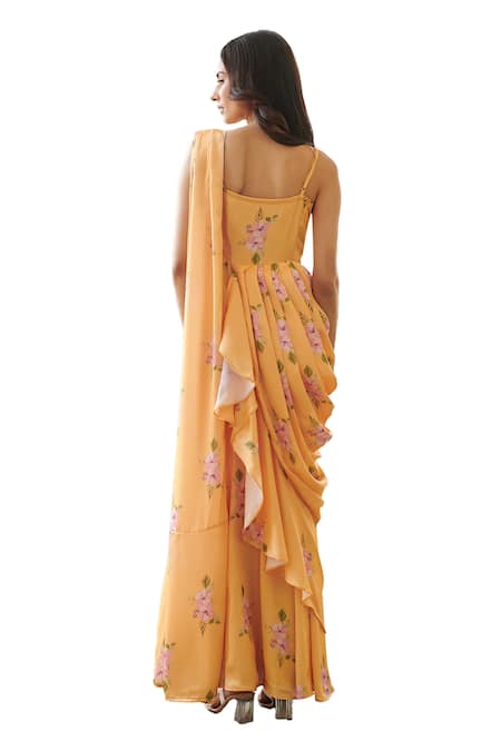 Shop_Pasha India_Yellow Silk Sweetheart Neck Jasmine Print Ruffle Saree Gown _Online_at_Aza_Fashions