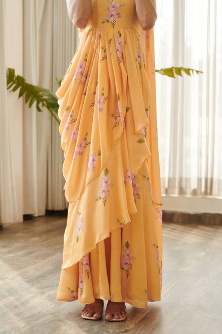 Buy_Pasha India_Yellow Silk Sweetheart Neck Jasmine Print Ruffle Saree Gown 