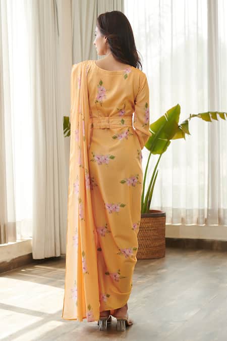 Shop_Pasha India_Yellow Silk, Satin Round Neck Jasmine Print Draped Saree Gown _at_Aza_Fashions