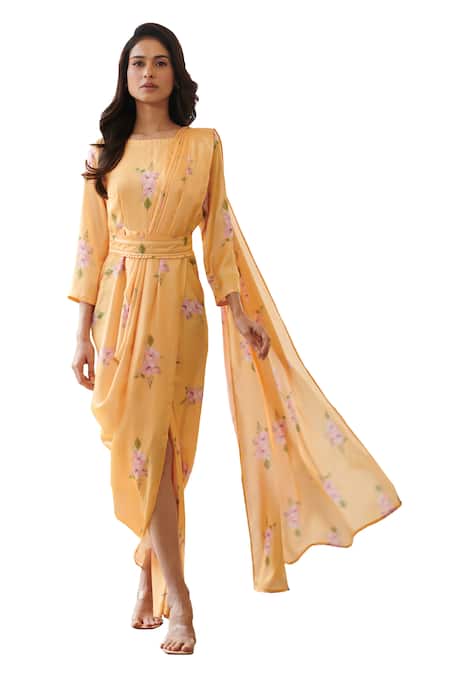 Pasha India_Yellow Silk, Satin Round Neck Jasmine Print Draped Saree Gown _Online_at_Aza_Fashions