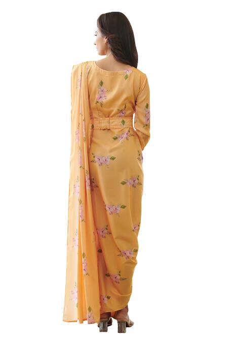 Buy_Pasha India_Yellow Silk, Satin Round Neck Jasmine Print Draped Saree Gown _Online_at_Aza_Fashions