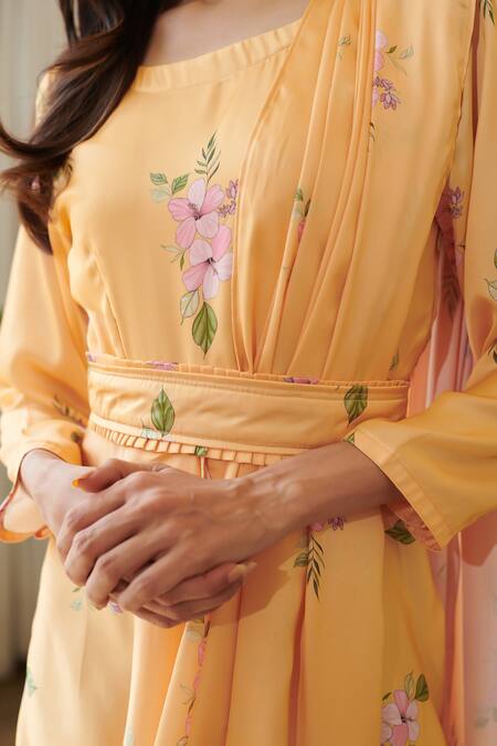 Shop_Pasha India_Yellow Silk, Satin Round Neck Jasmine Print Draped Saree Gown _Online_at_Aza_Fashions