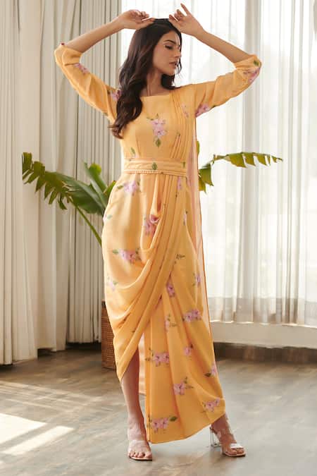Pasha India_Yellow Silk, Satin Round Neck Jasmine Print Draped Saree Gown _at_Aza_Fashions