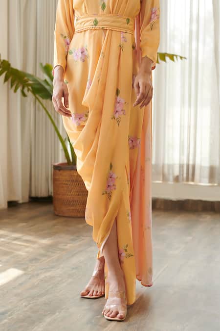 Buy_Pasha India_Yellow Silk, Satin Round Neck Jasmine Print Draped Saree Gown 