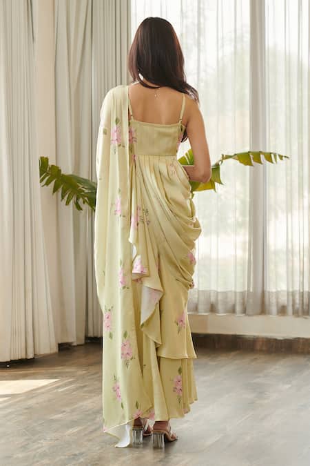 Shop_Pasha India_Green Satin Ruffles Sweetheart Neck Floral Print Saree Gown _at_Aza_Fashions