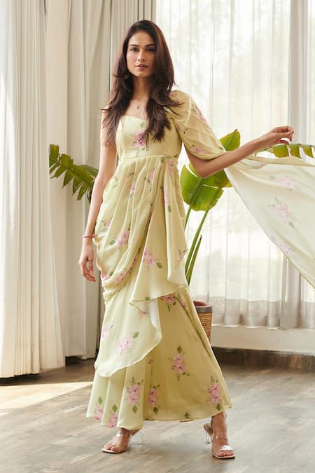 Pasha India_Green Satin Ruffles Sweetheart Neck Floral Print Saree Gown _Online_at_Aza_Fashions