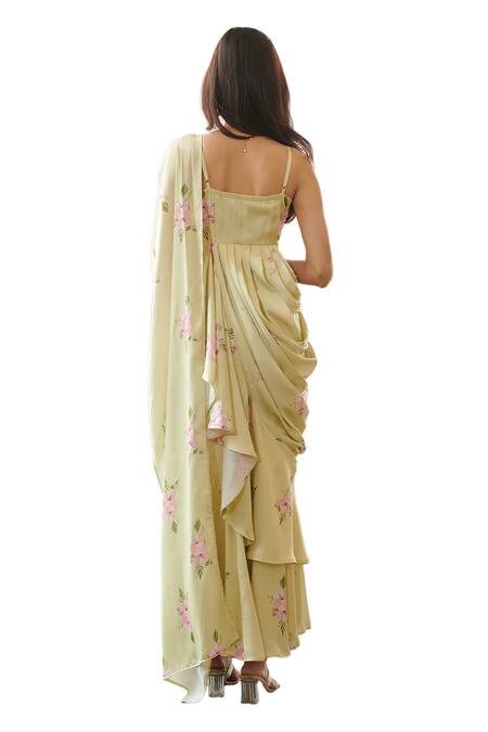 Buy_Pasha India_Green Satin Ruffles Sweetheart Neck Floral Print Saree Gown _Online_at_Aza_Fashions
