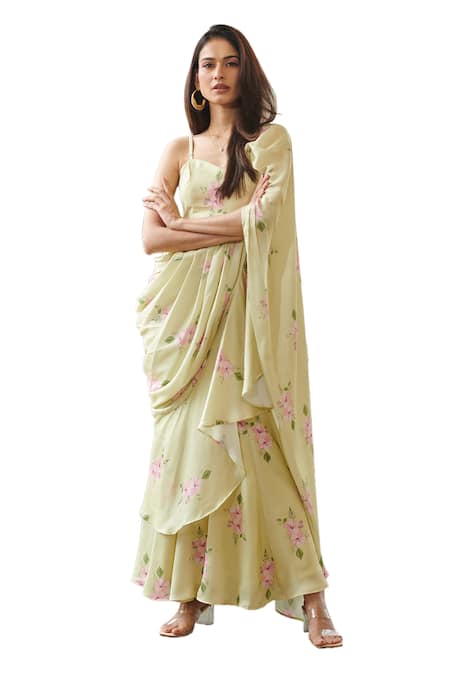 Shop_Pasha India_Green Satin Ruffles Sweetheart Neck Floral Print Saree Gown _Online_at_Aza_Fashions
