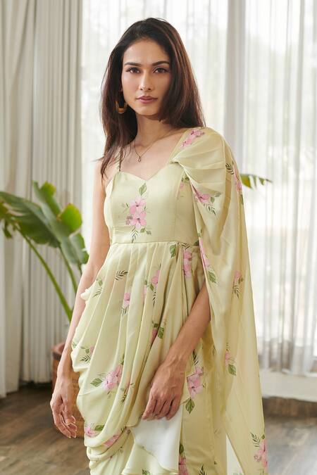 Buy_Pasha India_Green Satin Ruffles Sweetheart Neck Floral Print Saree Gown 