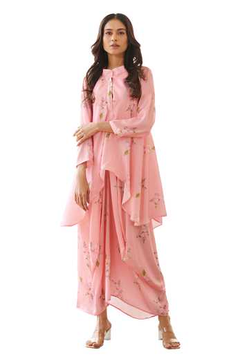 Pasha India_Pink Satin Tassels Mandarin Collar Floral Print Asymmetric Draped Dress _Online_at_Aza_Fashions